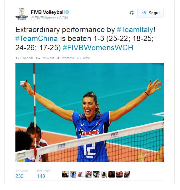 L'Italia di Bonitta approda alla fase finale, alla final six a Milano, da prima del girone, battendo in rimonta la Cina  per 3-1 (22-25, 25-18, 26-24, 25-17)"prima sconfitta per le asiatiche in questo torneo".