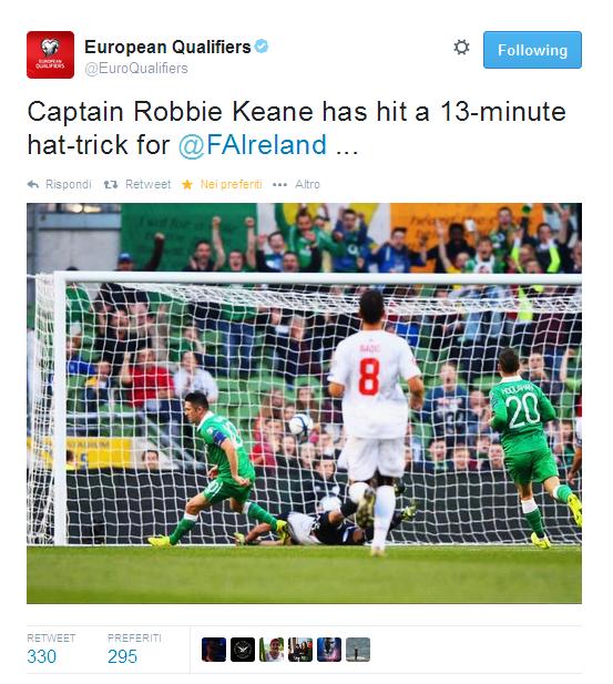 Con la tripletta segnata contro Gibilterra in 13 minuti, Robbie Keane entra nella storia, diventando il miglior marcatore della nazionale irlandese con 65 gol.
