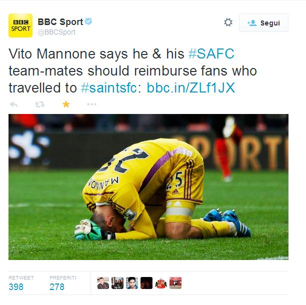 Vito Mannone, "portiere italiano ma con una lunga carriera tra Championship e Premier League" nell'ultima partita del suo Sunderland contro il Southampton subì 8 gol. Dopo la partita ha deciso di scusarsi con i 2500 tifosi che hanno assistito a quell'orrore, organizzando una colleta con i compagni di squadra per risarcire i tifosi presenti.