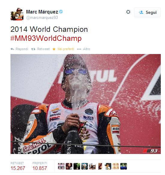 Marc Márquez dopo il titolo nel 2013 si riconferma in motogp, vincendo anche il titolo mondiale 2014, nel GP di Motegi arriva secondo, dietro a Lorenzo e davanti a Valentino Rossi.