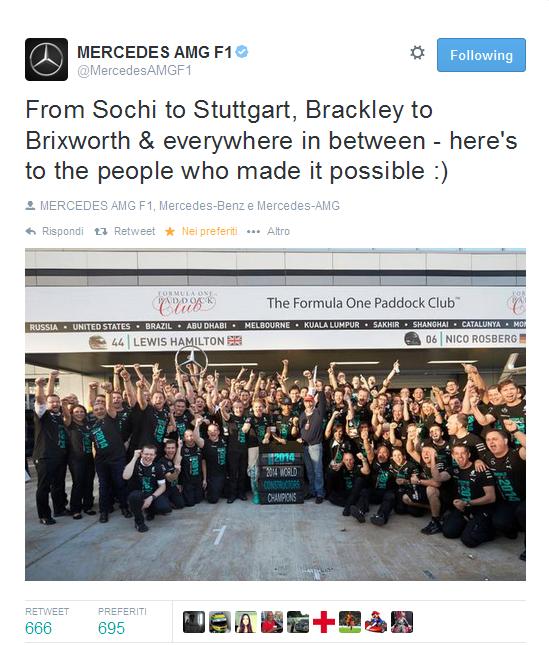 Grazie alla doppietta nel GP di Russia, a Sochi, per la prima volta nella storia la Mercedes vince il Mondiale Costruttori, con 3 gare di anticipo.