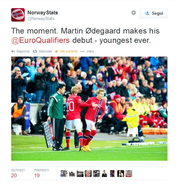 Come lui nessuno mai. Martin Ødegaard "centrocampista dello Strømsgodset" a 15 anni e 300 giorni diventa il più giovane giocatore nella storia delle qualificazioni agli Europei.