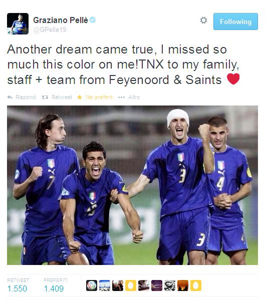 "Un altro sogno si avvera. Mi mancavano questi colori. Ringrazio la mia famiglia, il Feyenoord e i Saints" Dopo sette anni Graziano Pelle ritrova la maglia della Nazionale, e ringrazie le squadre che l'hanno lanciato nel calcio che conta  "Feyenoord e Southampton". Poco fortunato in patria, giocando nel Lecce, Catania, Crotone, Cesena, Parma e Sampdoria, trova la sua dimensione, in Olanda, prima nell'AZ Alkmaar e poi nel Feyenoord, segnando 50 reti in 57 partite per poi approdare questa estate in Premier League nel Southampton.