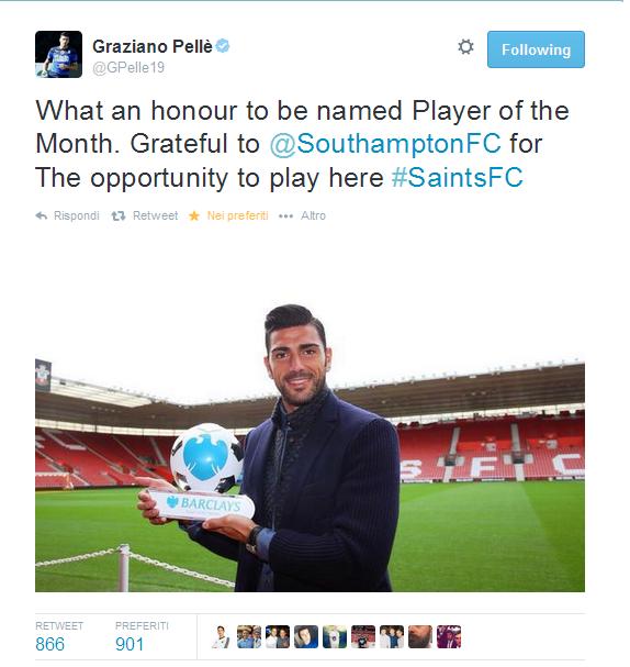 Momento d'oro per Graziano Pelle, dopo aver esordito in nazionale e segnando il gol vittoria nella partita Italia Malta, viene anche premiato come miglior giocatore del mese della Premier League, segnando quattro gol nelle prime sette partite con la maglia del Southampton. 
