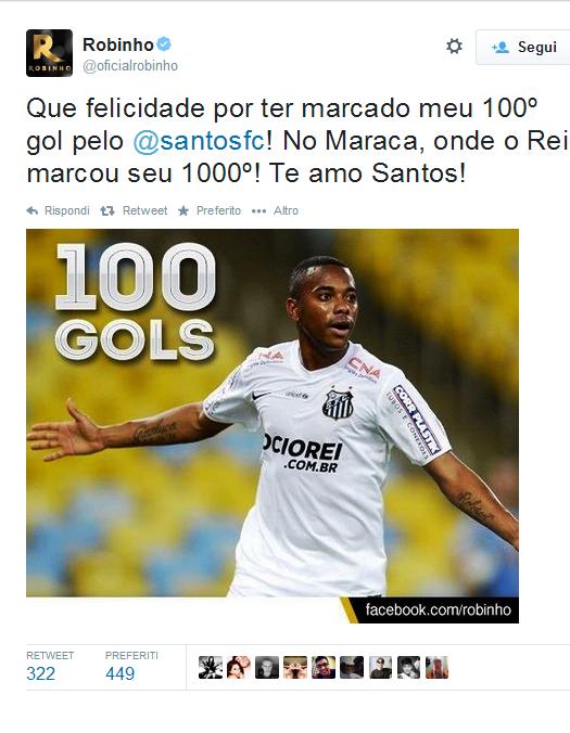 Robinho "ex Real Madrid, Manchester City e Milan" riparte da dove iniziò la sua avventura calcistica, nella partita di Copa do Brasil contro il Botafogo mette a segno una doppietta e raggiunge i 100 gol ufficiali con la maglia del Santos. 