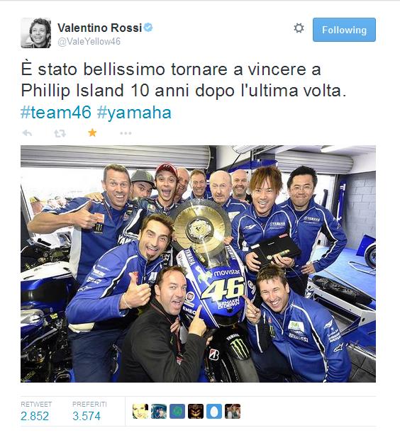  Dopo Misano, Valentino Rossi torna sul gradino più alto del podio, a Phillip Island conquista la sua vittoria numero 108 nel suo 250°GP nella classe regina del motociclismo. 