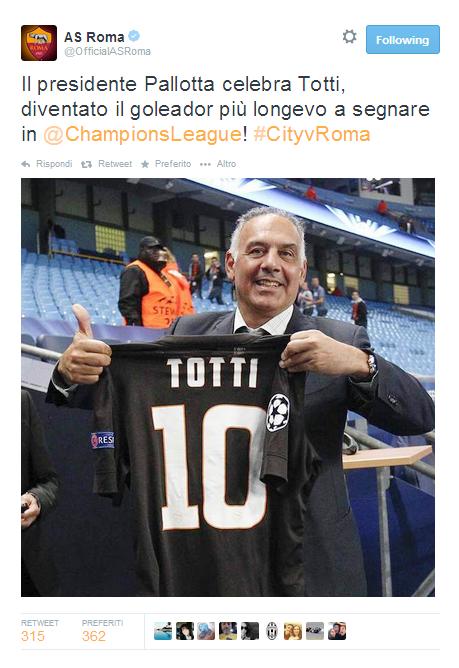 Con il gol al Manchester City, Francesco Totti diventa il giocatore più anziano "38 anni e 3 giorni" a segnare in Champions League, superando Ryan Giggs, che segnò a 37 anni e 9 mesi nel 2011 con il Manchester United.