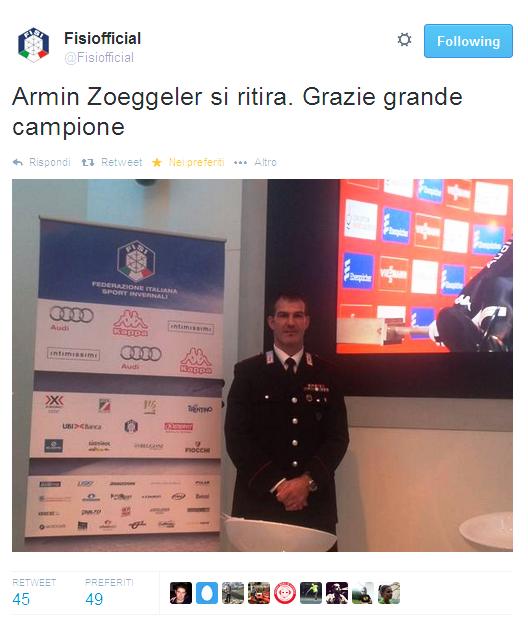 Armin Zöggeler l'azzurro più vincente nella storia degli sport invernali ha ufficialmente dichiarato il suo ritiro dalle gare.
