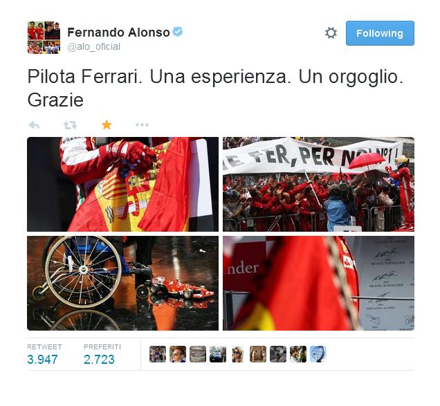 Alcuni tweet di ringraziamento di Fernando Alonso ai suoi "ex" tifosi dopo l'annuncio ufficiale del suo addio alla Ferrari.