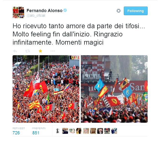 Alcuni tweet di ringraziamento di Fernando Alonso ai suoi "ex" tifosi dopo l'annuncio ufficiale del suo addio alla Ferrari.