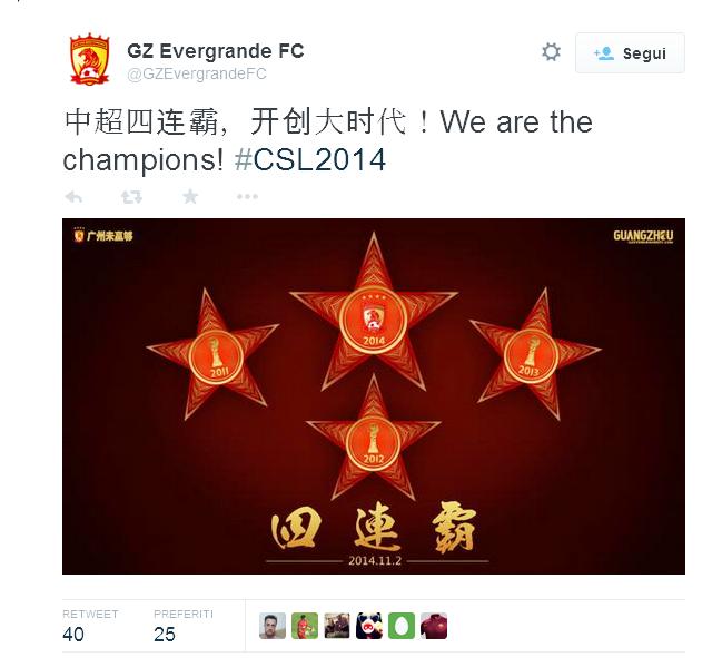 Il Guangzhou Evergrande, allenata da Marcello Lippi, e con molti italiani tra staff e giocatori, da Maddaloni a Rampulla nello staff, e Alberto Gilardino e Alino Diamanti come giocatori, conquistano il quarto scudetto consecutivo, di cui il terzo consecutivo per Marcello Lippi e staff, e il primo per Diamanti e Gilardino.