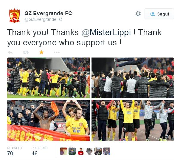 Il Guangzhou Evergrande, allenata da Marcello Lippi, e con molti italiani tra staff e giocatori, da Maddaloni a Rampulla nello staff, e Alberto Gilardino e Alino Diamanti come giocatori, conquistano il quarto scudetto consecutivo, di cui il terzo consecutivo per Marcello Lippi e staff, e il primo per Diamanti e Gilardino.