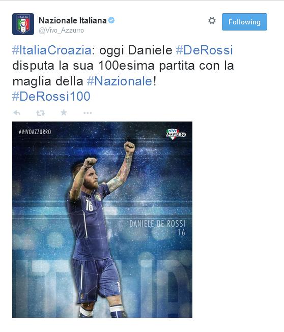 Daniele De Rossi entra tra i grandi della nazionale italiana, contro la Croazia ha disputato la sua 100° presenza con la maglia azzurra, diventando il sesto per presenze, dopo Buffon, Cannavaro, Maldini, Pirlo e Zoff.