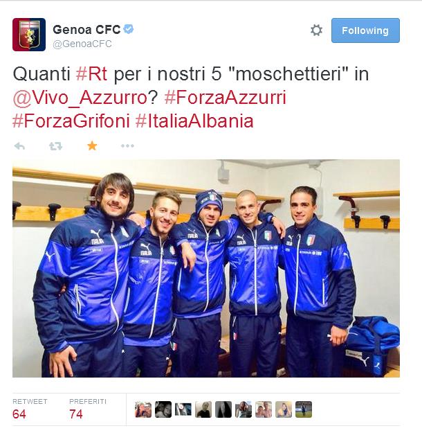 Tanta Genova nell'amichevole di martedi sera della nazionale italiana contro l'Albania di Gianni De Biasi. In tutto otto giocatori scesi in campo tra quelli della Sampdoria "Stefano Okaka, Lorenzo De Silvestri e Manolo Gabbiadini"e Genoa "Mattia Perin, Andrea Bertolacci, Stefano Sturaro, Luca Antonellie Alessandro Matri".