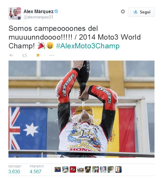  Alex Marquez fratello minore di Marc Marquez Campione del Mondo in carica della MotoGP, conquista il titolo della della Moto3 nella ultimo GP di Valencia, per 2 punti, davanti all'australiano Jack Miller.