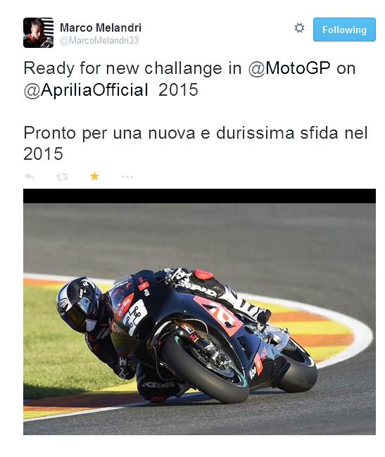 Arriva l'ufficilità, nel 2015 Marco Melandri tornerà a correre nella classe regina, in MotoGP con l'Aprilia di Gresini.