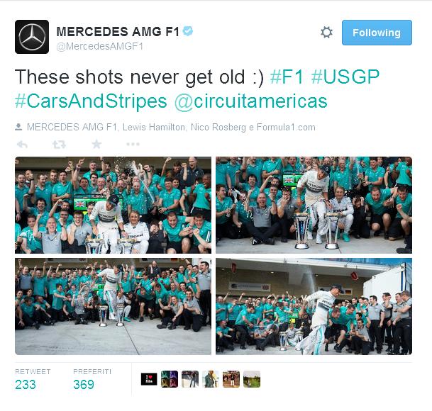 Ennesimo trionfo della Mercedes e di Lewis Hamilton, che trionfa anche nel GP di Austin, e si porta a più 24 punti sul compagno di squadra Nico Rosberg, che conquista la seconda posizione, con due gare dal termine del mondiale. 