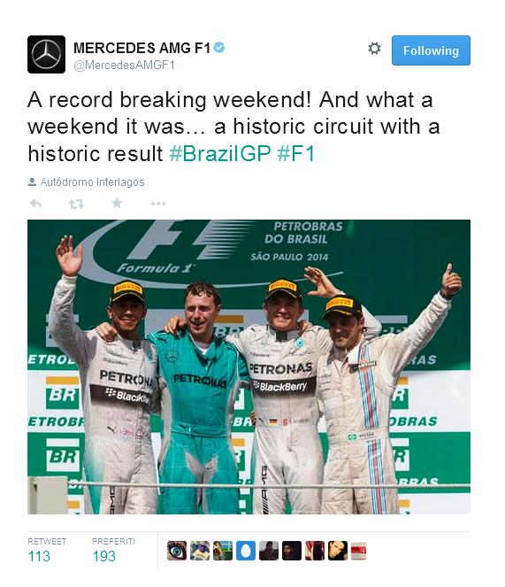 Continua la sfida in casa Mercedes, nel GP del Brasile "San Paolo" Rosberg trionfa su Hamilton, riducendo il suo svantaggio a 17 punti, adesso il titolo si deciderà ad Abu Dhabi, con il punteggio raddoppiato. "vale solo nell'ultimo GP" Con la doppietta del GP del Brasile, la Mercedes arriva a 651 punti nella classifica costruttori, superando il record della Red Bull nel 2011, che si fermò a 650 punti, ma la Mercedes può ancora aumentare il distacco con l'ultimo GP che si disputerà ad Abu Dhabi.