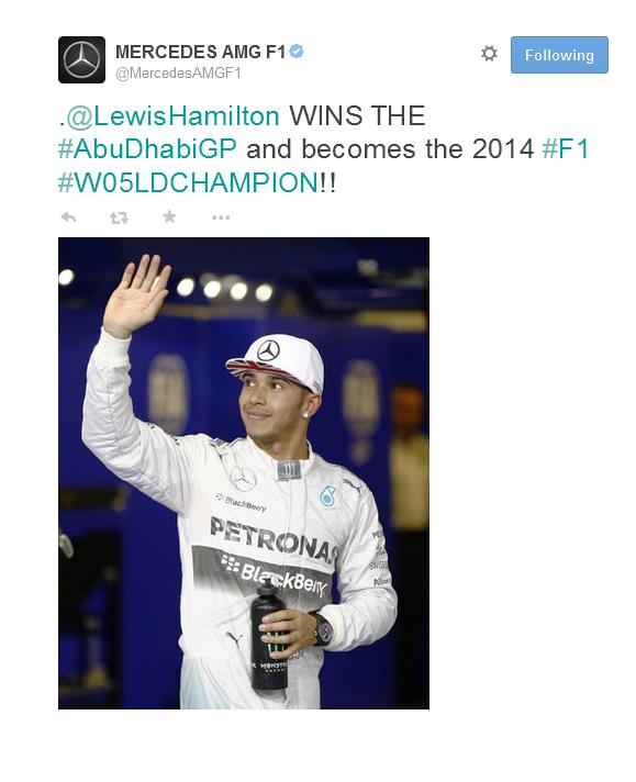 Un anno indimenticabile per Lewis Hamilton e la Mercedes, si conclude con la vittoria nell'ultimo GP "11° stagionale", disputato ad Abu Dhabi, conquista il suo secondo titolo mondiale e il titolo costruttori per la Mercedes.