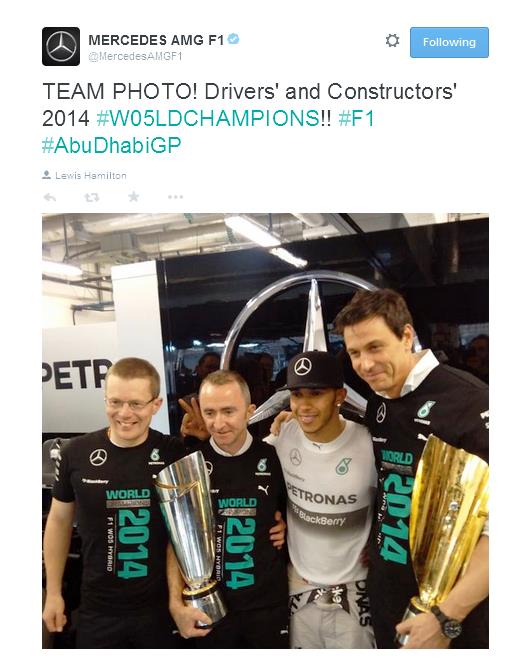 Un anno indimenticabile per Lewis Hamilton e la Mercedes, si conclude con la vittoria nell'ultimo GP "11° stagionale", disputato ad Abu Dhabi, conquista il suo secondo titolo mondiale e il titolo costruttori per la Mercedes.