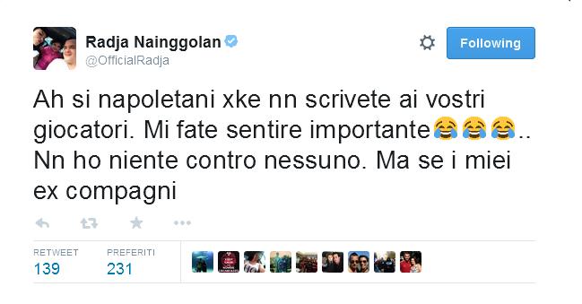 Radja Nainggolan "centrocampista della Roma" risponde cosi ad alcuni tifosi napoletani, che non hanno preso con molta simpatia un suo tweet, dove si complimentava con i suoi ex compagni di squadra del Cagliari, per il pareggio contro il Napoli "Napoli Cagliari 3-3".