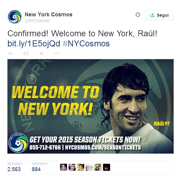 Dopo l'esperienza all' Al-Sadd "società sportiva del Qatar" Raúl González Blanco lascia il Qatar, per trasferirsi in America, ai New York Cosmos, squadra che in passato ha avuto campioni come Pelè e Chinaglia.
