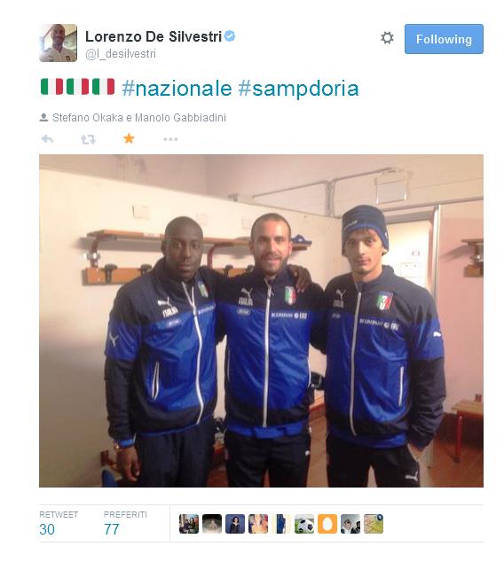 Tanta Genova nell'amichevole di martedi sera della nazionale italiana contro l'Albania di Gianni De Biasi. In tutto otto giocatori scesi in campo tra quelli della Sampdoria "Stefano Okaka, Lorenzo De Silvestri e Manolo Gabbiadini"e Genoa "Mattia Perin, Andrea Bertolacci, Stefano Sturaro, Luca Antonellie Alessandro Matri".