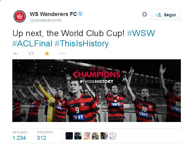  I Western Sydney Wanderers sono i nuovi Campioni d'Asia, dopo aver vinto la finale d'andata per 1-0 in casa contro gli Arabi del Al-Hilal, pareggiano la sfida di ritorno in trasferta per 0-0. 