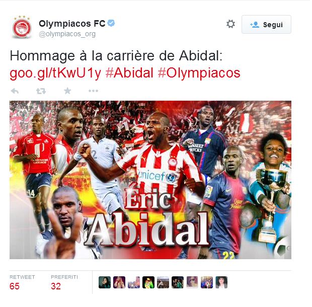 Eric Abidal "ex Monaco, Lilla, Lione, Barcellona e Olympiacos" in una conferenza stampa di venerdi mattina, dichiara di voler appendere le scarpette al chiodo, solo per ragioni personali. Ringraziando il suo Presidente attuale per averlo  voluto nell'Olympiacos,e poi ringrazia tutti gli allenatori che ha avuto, e il personale medico che l'ha curato.