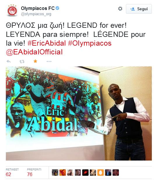 Eric Abidal "ex Monaco, Lilla, Lione, Barcellona e Olympiacos" in una conferenza stampa di venerdi mattina, dichiara di voler appendere le scarpette al chiodo, solo per ragioni personali. Ringraziando il suo Presidente attuale per averlo  voluto nell'Olympiacos,e poi ringrazia tutti gli allenatori che ha avuto, e il personale medico che l'ha curato.