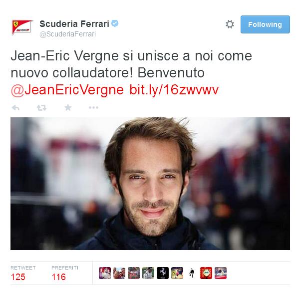 Jean-Éric Vergne pilota francese, ex pilota della Toro Rosso, dal 2011 al 2014, dalla prossima stagione entrerà a far parte dell’organico della Scuderia Ferrari, nel ruolo di collaudatore.