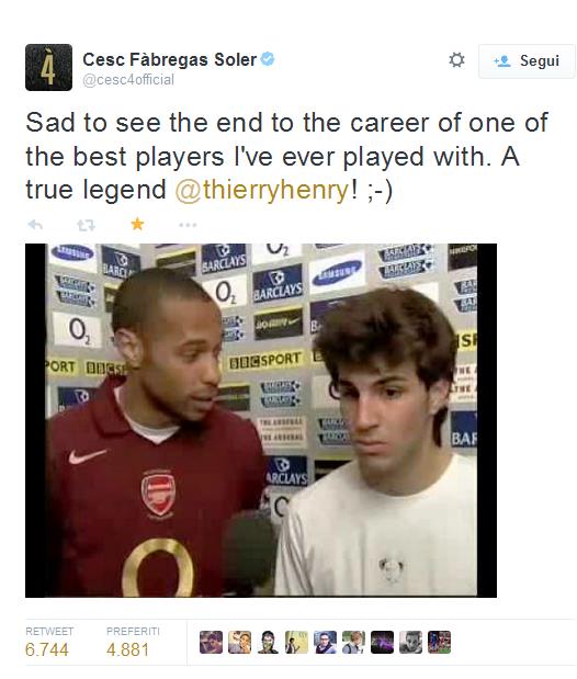 Uno dei più grandi campioni del calcio, Cesc Fàbregas, da l'addio ad un altro campione, ex compagno di squadra ai tempi dell'Arsenal, Thierry Henry "Monaco, Juventus, Arsenal, Barcelona e New York Red Bulls" dà il suo addio al calcio  giocato, dopo 20 anni di carriera. 