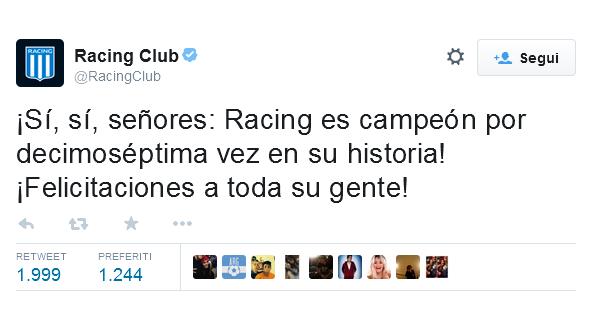 Il Racing Club di Avellaneda, una delle squadre più importanti del campionato argentino e del Sud America, torna a vincere un campionato nazionale dopo 13 anni, guidato dall'ex attaccante dell'Inter, Diego Milito. 