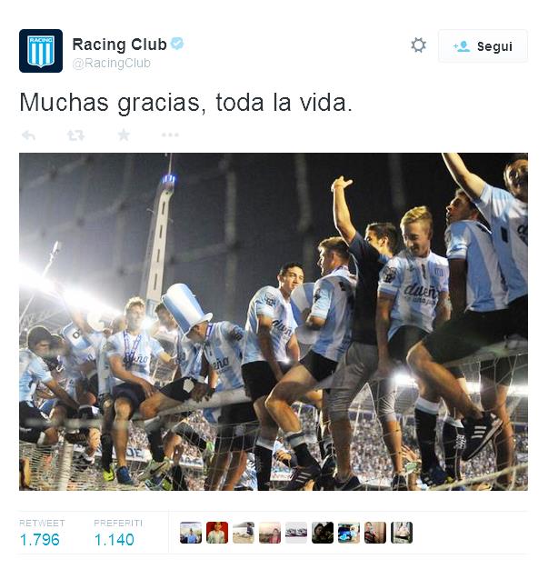 Il Racing Club di Avellaneda, una delle squadre più importanti del campionato argentino e del Sud America, torna a vincere un campionato nazionale dopo 13 anni, guidato dall'ex attaccante dell'Inter, Diego Milito. 