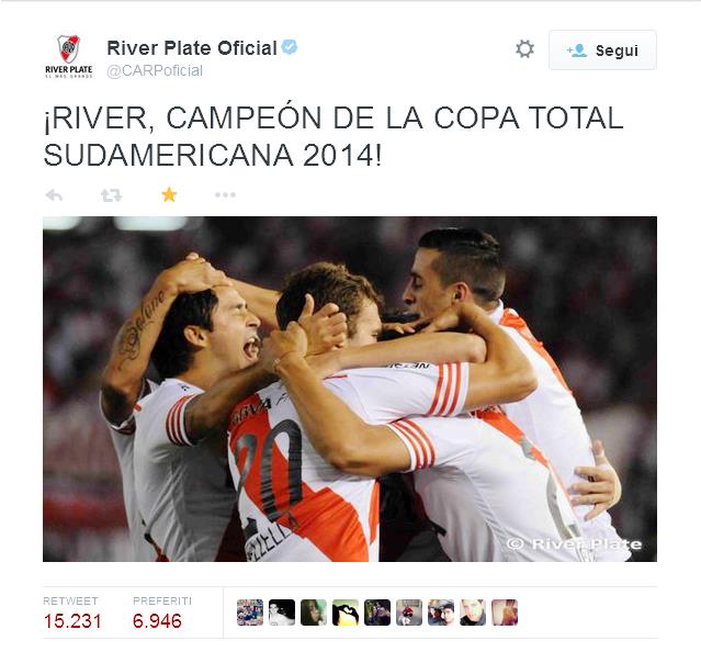Per la prima volta nella sua storia il River Plate conquista la Copa Sudamericana "l'Europa League del Sud America" battendo in casa, nella finale di ritorno l'Atletico Nacional per 2-0, dopo l'1-1 dell'andata.