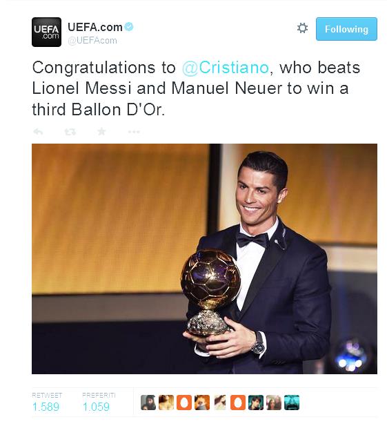 E' Cristiano Ronaldo il vincitore del pallone d'oro 2014, il terzo della sua carriera, gli altri due li vinse nel 2008 e 2013.