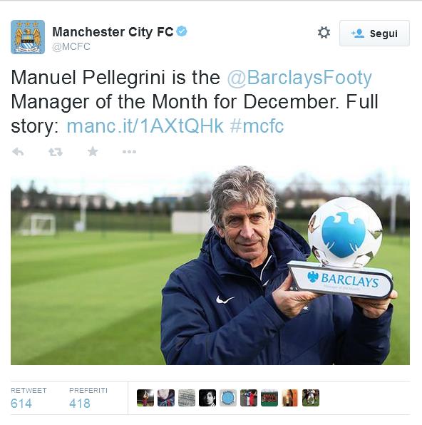 Manuel Pellegrini, allenatore del Manchester City vince il premio come miglior manager del mese, senza perdere neanche una partita nel mese di dicembre.