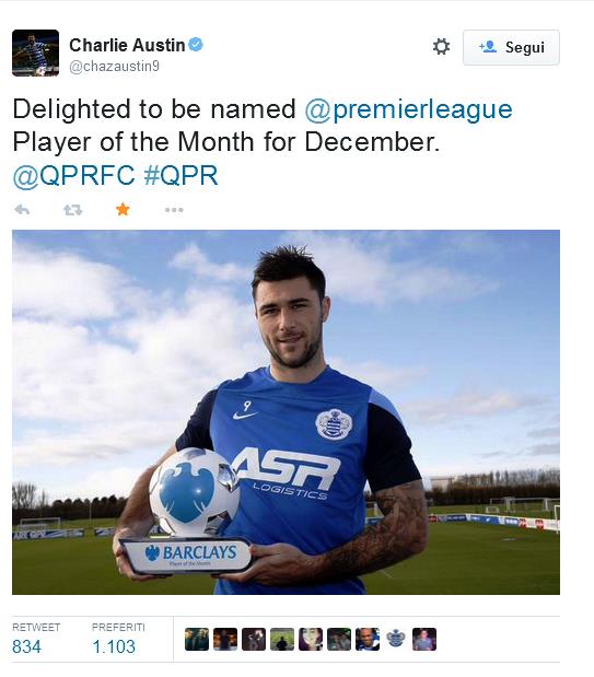 Charlie Austin bomber del Queens Park Rangers, terzo nella classifica marcatori con 13 reti, dietro a Diego Costa e Aguero, viene premiato come miglior giocatore del mese di dicembre della Premier League