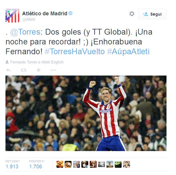 Non poteva esserci serata migliore per Fernando Torres, mette a segno una doppietta nel derby di ritorno di Coppa del Re, contro il Real Madrid.