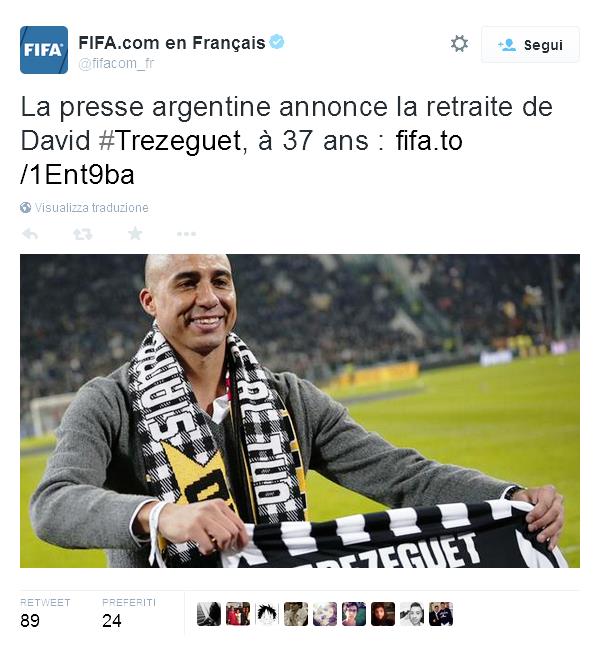  David Trezeguet, a 37 anni annuncia il suo ritiro dal calcio giocato. Nella sua carriera ha vinto due Campionati e una Supercoppa con il Monaco, due Campionati e una Supercoppa con la Juventus e un Mondiale e un Europeo con la nazionale francese.