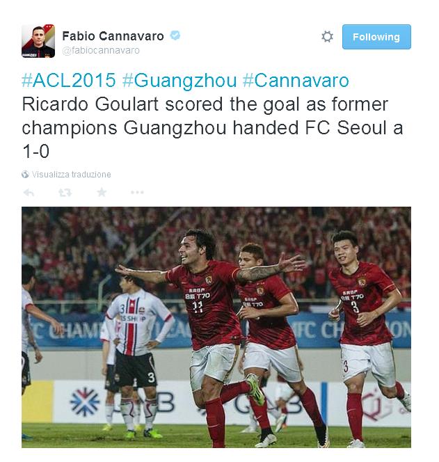 Fabio Cannavaro conquista la sua prima vittoria nell'esordio della Champions asiatica del suo Guangzhou Evergrande, battendo il Seoul per 1-0 rete del brasiliano Goulart.