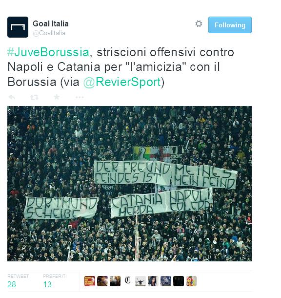 i sono scatenati sul web i tifosi di Catania e Napoli, dopo gli striscioni esposti nella curva dello Juventus Stadium, durante la partita di Champions League tra Juventus e Borussia Dortmund.
