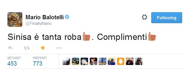 Mario Balotelli attaccante del Liverpool, tramite il proprio profilo Twitter manda i complimenti a Sinisa Mihajlovic, dopo la vittoria dell'Olimpico contro la Roma