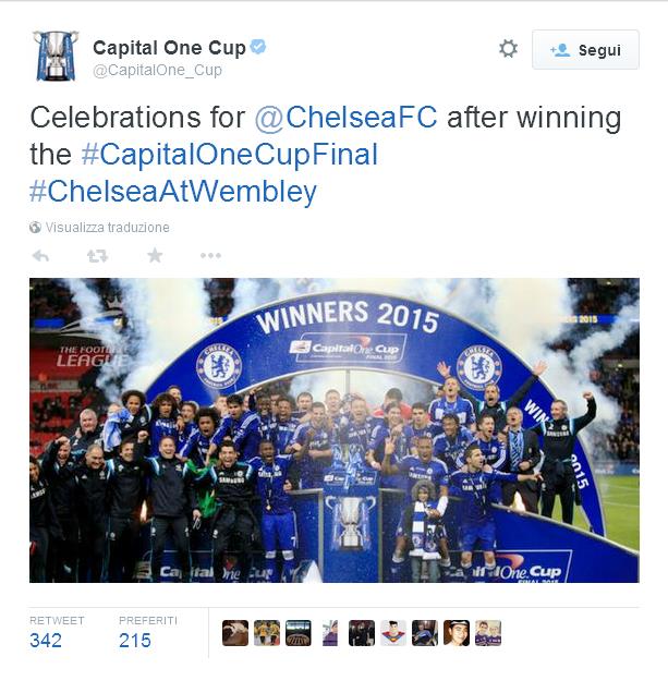 Arriva il primo trofeo stagionale per il Chelsea dello Special One, a Wembley conquistano la Capital One, battendo in finale il Tottenham per 2-0 reti di Terry e un autorete di Walker.