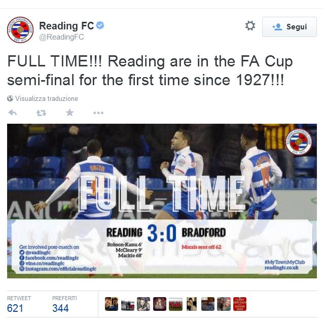  Dopo il pareggio per 0-0 nella prima sfida, il Reading si impone per 3-0 nel match del replay contro il Bradford, dopo 88 anni tornerà a giocare una semifinale della FA Cup, contro l'Arsenal di Wenger.