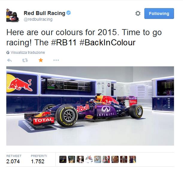 "Ecco i nostri colori per il 2015. E' tempo di andare in pista." Il team austriaco ha svelato lunedi mattina tramite il proprio profilo twitter la nuova monoposto, che correra in questo mondiale, prenderà il via il 15 marzo a Melbourne.