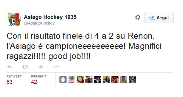 Davanti a più di 3mila spettatori del PalaOdegar, l'Asiago batte in gara 7 il Renon per 4-2, agiudicandosi il suo quinto titolo nazionale.