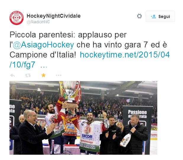 Davanti a più di 3mila spettatori del PalaOdegar, l'Asiago batte in gara 7 il Renon per 4-2, agiudicandosi il suo quinto titolo nazionale.