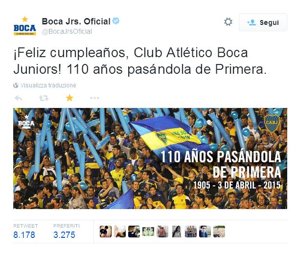 Esattamente il 3 aprile 1905 "110 anni fa" veniva fondato il Club Atlético Boca Juniors, da giovani di origine italiana, nel quartiere della Boca, abitato allora da emigranti genovesi.
