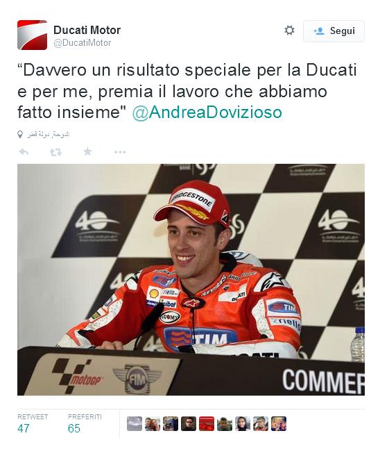  Non poteva esserci un inizio migliore per i piloti italiani della motogp, in Qatar tutto podio italiano, vince Valentino Rossi, davanti Andrea Dovizioso e Andrea Iannone, dopo 9 anni tre italiani tornano sul podio.